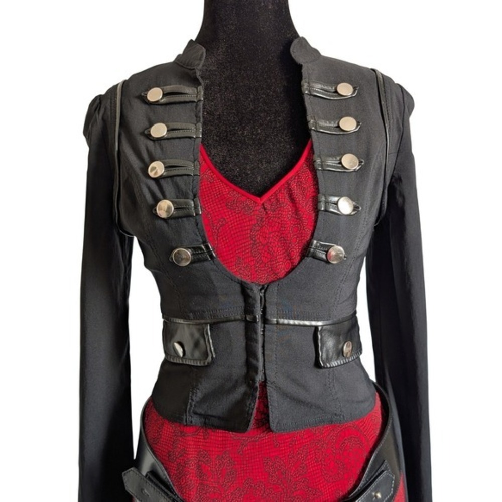 Vintage Y2K Black Gothic Chic Military Cropped Corset Leather Trim Jacket - Picture 2 of 7